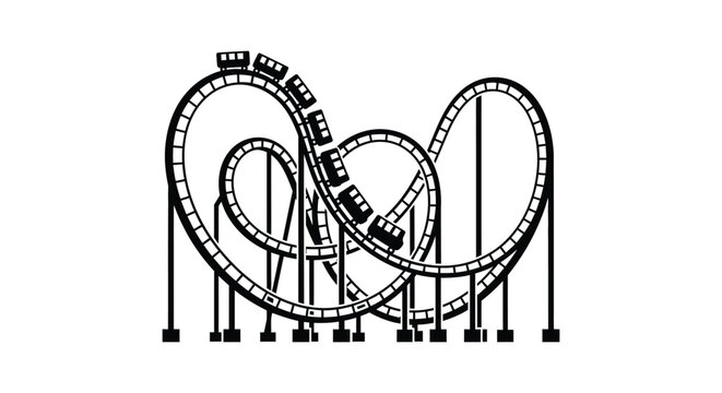 A black and white illustration depicts a looping rollercoaster track with two trains creating a striking silhouette high quality professional detailed