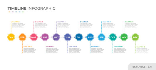 Timeline infographic with 12 steps or options. 12-month or 1-year timeline infographic presentation template with twelve circles. Editable text vector.