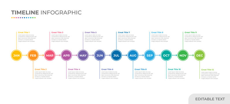 Timeline infographic with 12 steps or options. 12-month or 1-year timeline infographic presentation template with twelve circles. Editable text vector.
