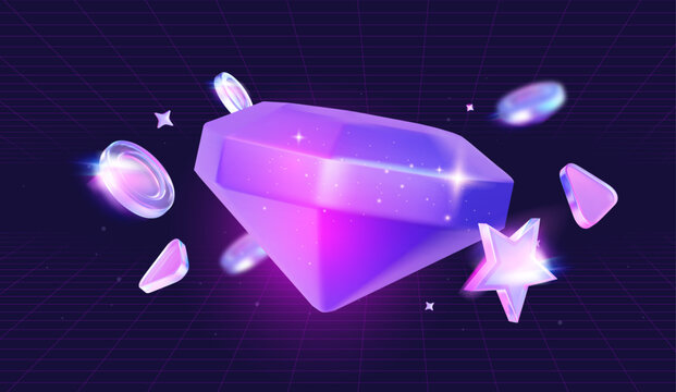 Holographic glowing diamond with coins and stars on retro grid background. Vector casino game rewards and lottery concept