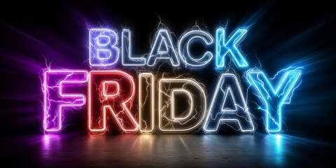 Obraz premium Futuristic neon Black Friday typography on dark background, ideal for ecommerce promotions, discounts, and marketing campaigns