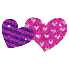 Two glitter hearts with bokeh confetti: purple striped and pink with silver heart pattern on white background. Romantic valentine glistering sticker for greeting cards, banners, posters, ads. © Danchenko