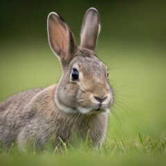 Fototapeta premium A close-up of a rabbit in a grassy field, with a blurred green background, suggesting a natural, outdoor setting.