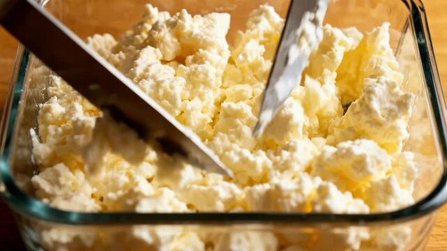 Medium view of cottage cheese curds gently stirred and cut with knives in an open container emphasizing the fresh crumbly curd formation.