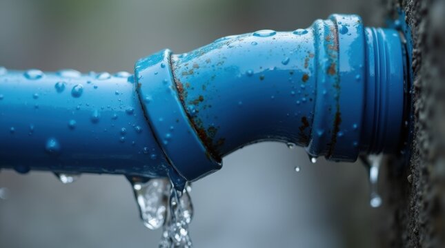 Closeup view of leaked and splash water from the plastic pipe during the rainy day 
