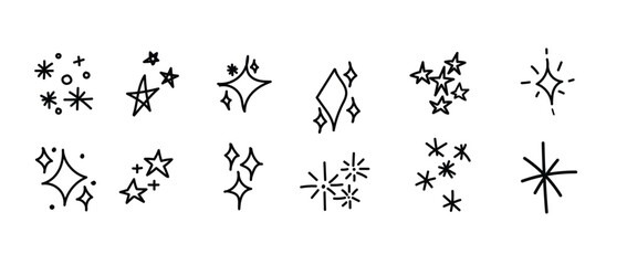 Hand drawn star spark doodle element icon set. Hand drawn sketch doodle style. 