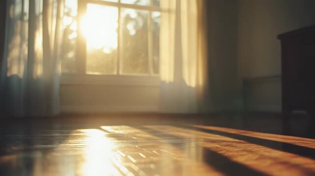 Warm sunlight illuminating a shining wooden floor through the window with curtains, creating a soft glow and peaceful atmosphere in an empty interior space