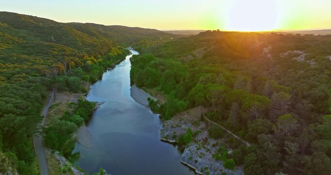 Aerial view of Pont du Gard, ancient Roman aqueduct on Gardon River. Tourist attraction of France