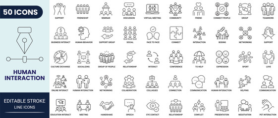 Human interaction line icon set. Includes friendship, communication, meeting and more. Editable stroke. Vector illustration.	