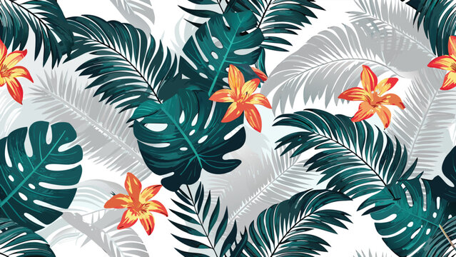 Tiger lilies and monstera leaves pattern lush orange flowers with graphic spots amid vibrant green monstera and palm leaves against a clean