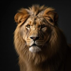 Fototapeta premium A majestic lion with a golden mane and piercing gaze, set against a dark background.