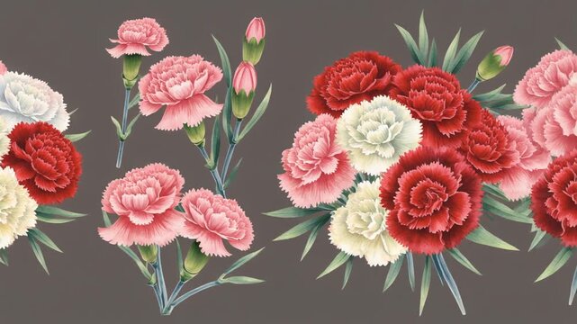 Elegant Floral Border Animation featuring Red, Pink, and White Carnation Bouquets