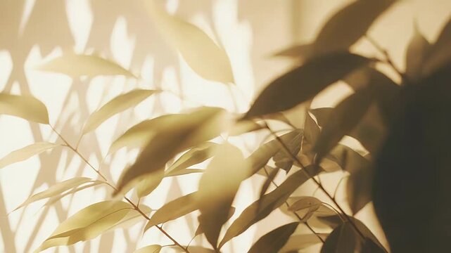 Plant leaves creating geometric shadow patterns on a warm beige wall, bringing a natural and peaceful bohemian aesthetic to a minimalist indoor space bathed in soft morning light
