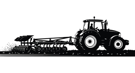 A detailed black and white illustration depicts a tractor pulling a plow through a field rendered as a striking silhouette
