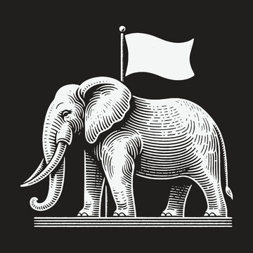 Engraved Elephant with Flag: A Symbol of Political Conservatism.