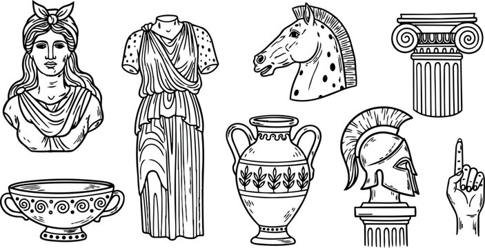 Black and white line art collection of ancient greek culture statue bust horse helmet column pottery and hand icon set detailed vector illustration