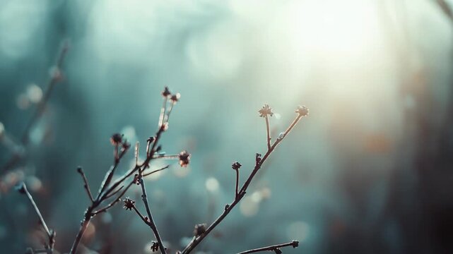 Bare tree branches with dormant buds reach towards a warm sun flare, creating a tranquil scene with a soft bokeh background and cool blue and green tones