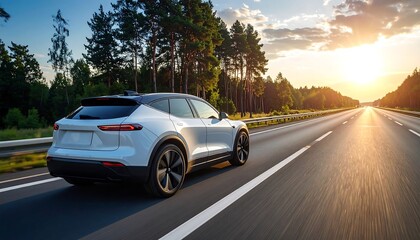 A sleek, white SUV cruises along a highway bathed in golden sunlight. Lush trees line the road as the car speeds towards the setting sun