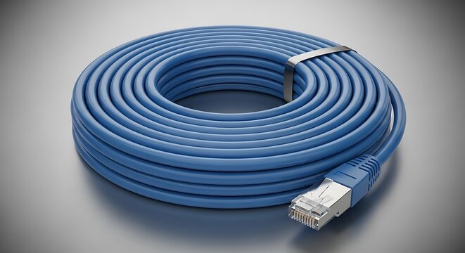 A coiled blue ethernet cable with an RJ45 connector.
