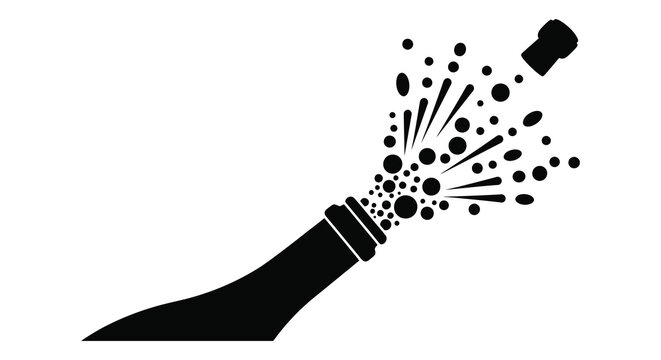 A black silhouette depicts a champagne bottle erupting with a popping cork and scattered bubbles celebrating a joyous occasion silhouette