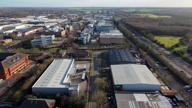 Aerial Drone View of Industrial Business District in Stevenage UK, Large Scale Manufacturing Plants and Production Facilities in England 4K
