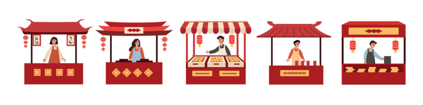 Set of Asian Inspired Market Stalls with Vendors. Asian street food. Market stall. Chinese new year festive. Street food festive.
