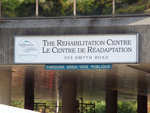 Ottawa, ON, Canada-July 9,2025: A white sign for "The Rehabilitation Centre" at 505 Smyth Road.
