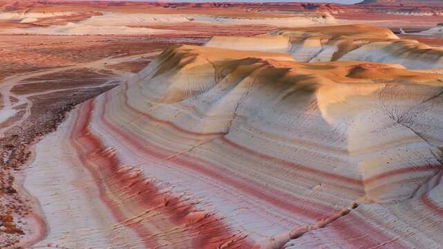 Aerial view of colorful, layered rock formations displaying varied sedimentary layers in the arid landscape, Karynzharyk, Mangystau Region, Kazakhstan.