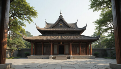 Fototapeta premium Traditional Asian temple with intricate wooden architecture stands surrounded by lush greenery, exuding serene and peaceful atmosphere. temple curved roof and detailed design reflect cultural