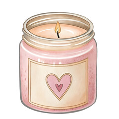 Pink scented candle in glass jar with heart label, watercolor art, soft illumination, cozy decor
