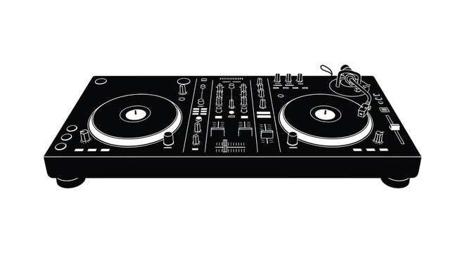 A black silhouette of a professional dj turntable setup with headphones showcasing music production equipment silhouette high quality detailed modern elegant