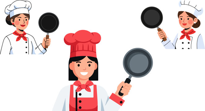 Three diverse female culinary professionals in classic chef uniforms cheerfully presenting various sizes of frying pans ready for cooking preparation.