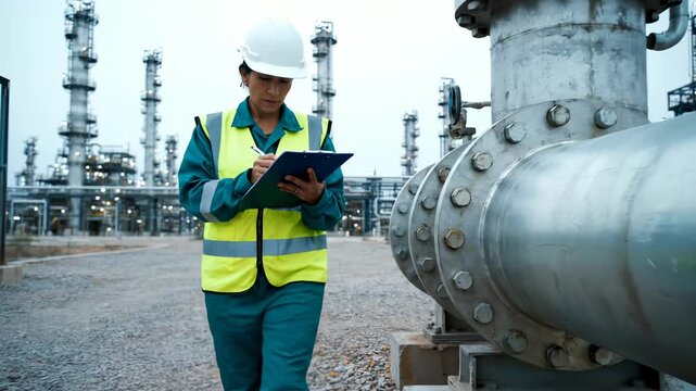 helmet and vest with clipboard and tablet near pipeline and pipe. valve and tower form industrial backdrop. walking and holding indicate movement and interaction with equipment. gravel ground present.