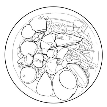Illustration a bowl of dumpling noodle  soup. Perfect food coloring template food content