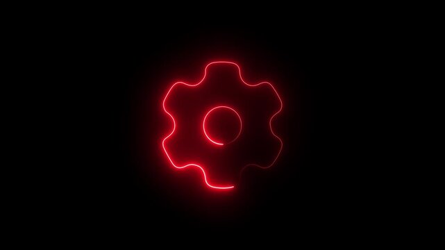 Abstract red color neon gear settings icon on dark background. 4k graphics footage.