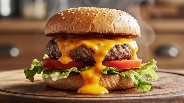 Delicious cheeseburger with melted cheese in multiple frame video compilation