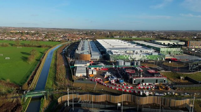 Aerial View of Google Data Centre in Waltham Cross UK, New Build AI and Cloud Services Infrastructure, State-of-the-Art Computing Facility in 4K