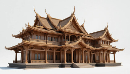 Obraz premium Traditional wooden building with intricate carvings and ornate roof design, showcasing classic Asian architectural style. structure features multiple tiers and elegant curves, exuding sense
