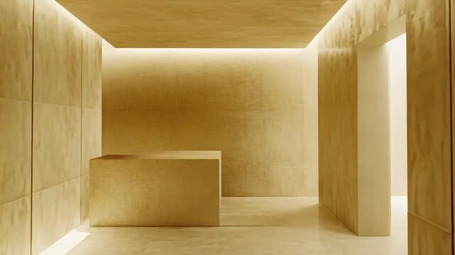 Empty corridor featuring clean lines and warm indirect led strip lighting illuminating textured walls and a simple reception desk, creating a serene, inviting atmosphere