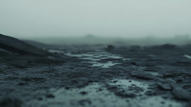 Wet dark muddy ground with small puddles under overcast gray sky, moody desolate landscape texture conveying foggy, dreary, gritty outdoor atmosphere and abandoned bleakness