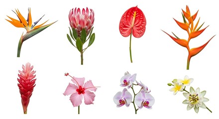 Obraz premium A collection of vibrant tropical flowers on a white background spring