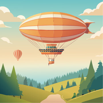 Illustration stylis&eacute;e d&rsquo;un dirigeable volant au-dessus d&rsquo;un paysage montagneux 