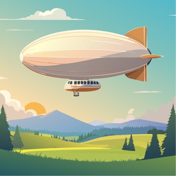 Illustration stylis&eacute;e d&rsquo;un dirigeable volant au-dessus d&rsquo;un paysage montagneux, soleil