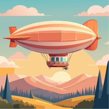 Illustration stylis&eacute;e d&rsquo;un dirigeable volant au-dessus d&rsquo;un paysage montagneux au coucher du soleil