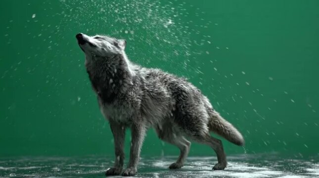 A wild wolf shakes water off its fur against a green screen, showcasing its natural beauty and resilience