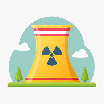 Illustration stylis&eacute;e de centrale nucl&eacute;aire avec symbole radioactif et vapeur