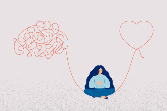 woman in balance between Heart and brain, mindset and feelings. Psychology concept of emotional intelligence and rational thinking for inner harmony. intuition and experience. vector illustration