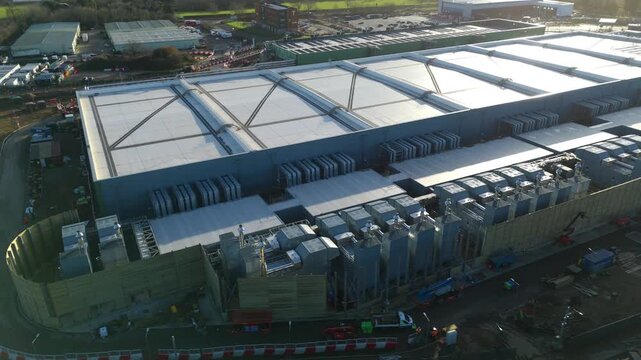 Aerial Drone panning Shot of a Futuristic Technology Park and High Tech Data Storage Facility in Waltham Cross Hertfordshire United Kingdom Region