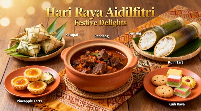 Assorted Raya cookies such as kuih bangkit, pineapple tarts, and kuih kapit displayed on wooden table.
