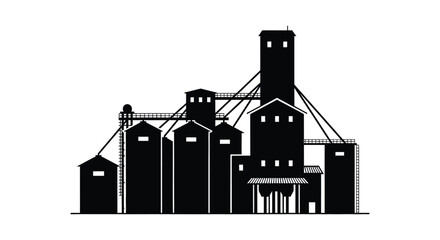 A stark black silhouette depicts an industrial complex of grain elevators and supporting structures creating a dramatic silhouette high quality professional © mrvect02
